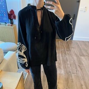 100% Cotton Tie Neck Top with Embroidery